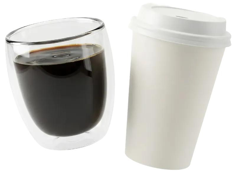 A double-walled glass of black coffee next to a white paper coffee cup with a lid.