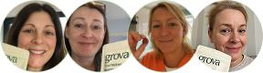 Four women holding a product labeled 'grova' in circular frames.