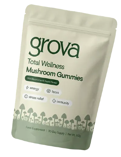 A white and green pouch of grova Total Wellness Mushroom Gummies, wild blackcurrant and apple flavour.
