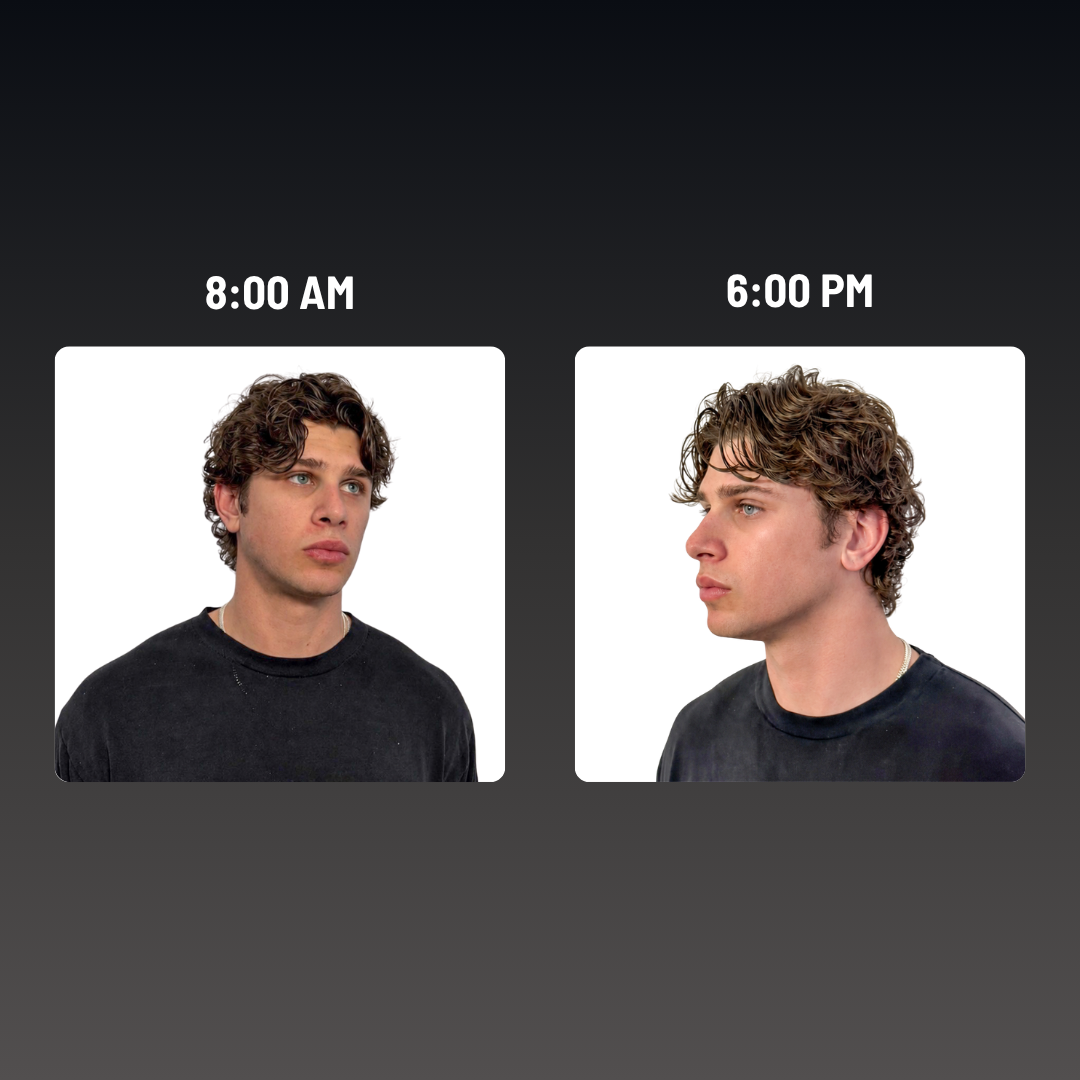 A side-by-side comparison of a man's face at 8:00 AM and at 6:00 PM.