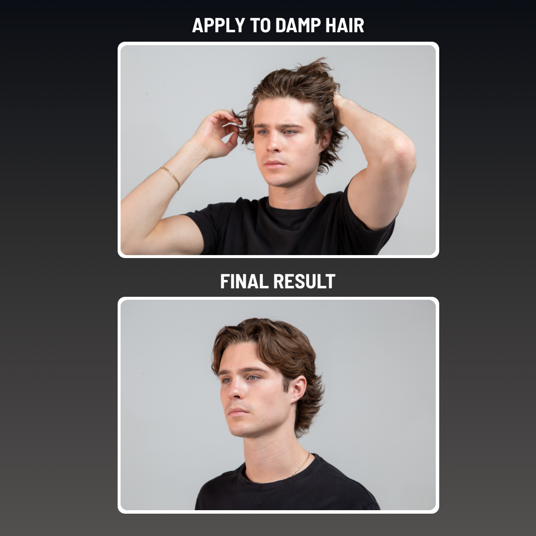 A before-and-after image showing a man styling his damp, messy hair into a neat, finished look.