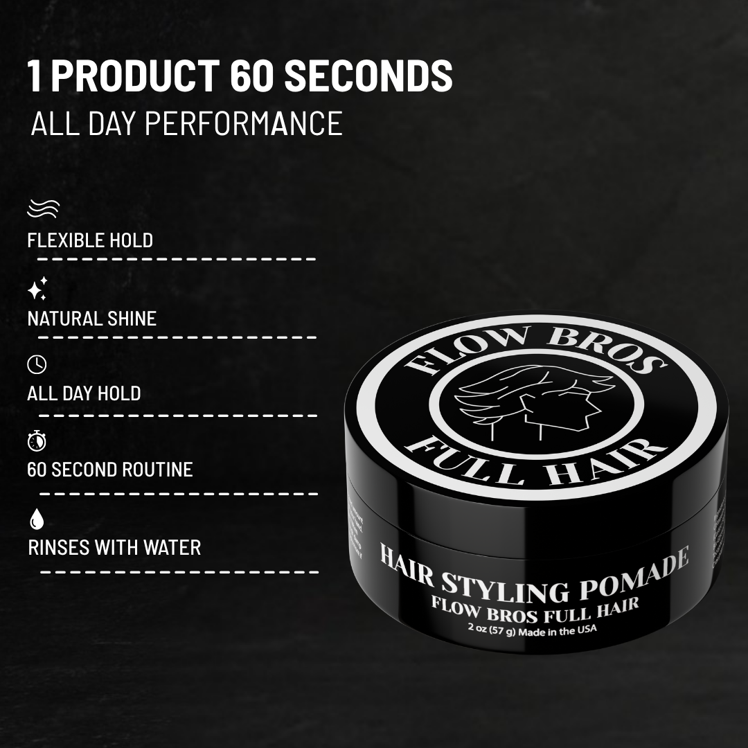 A black jar of Flow Bros Full Hair Styling Pomade next to a list of its key features.