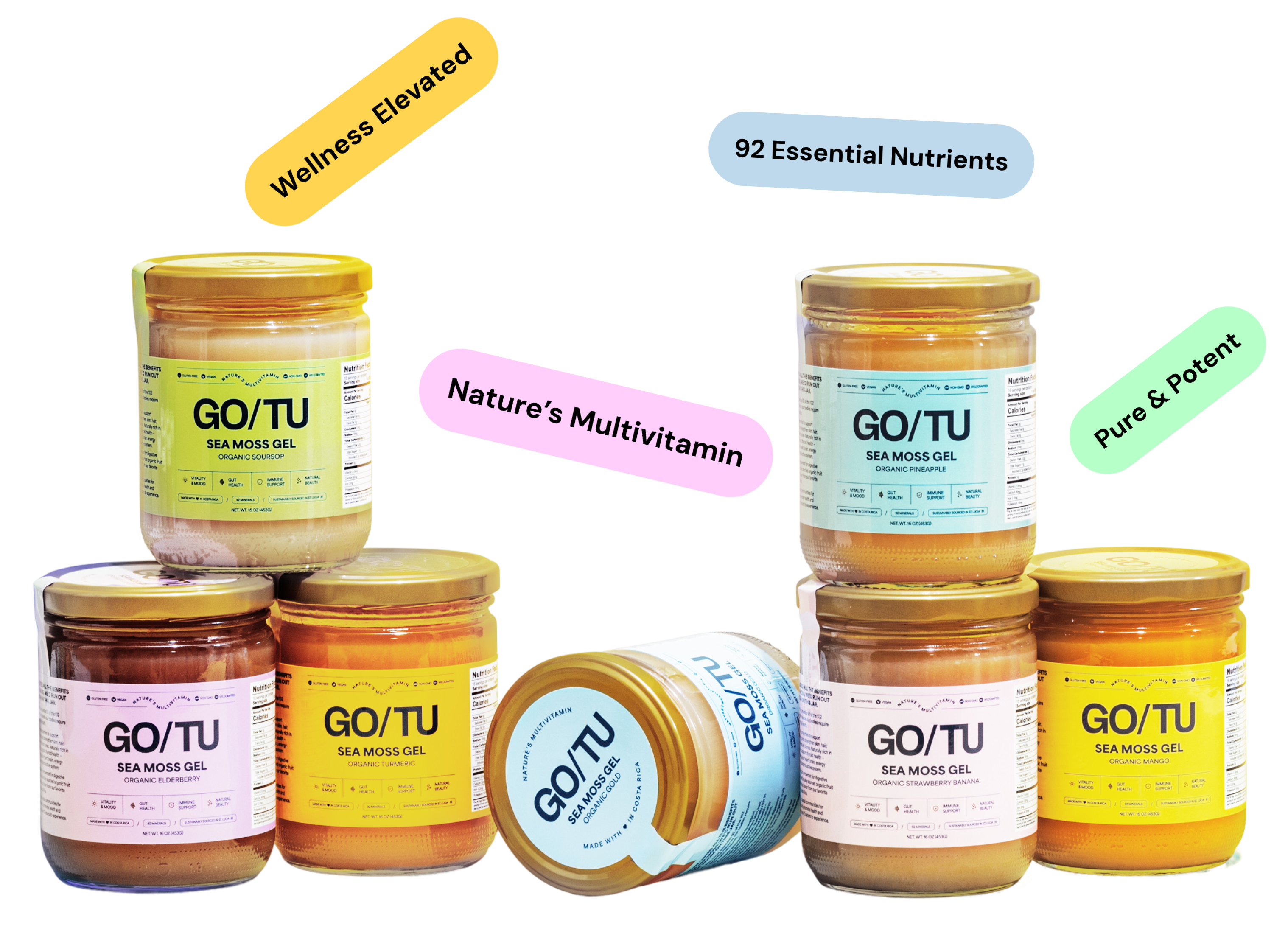 Jars of GO/TU Sea Moss Gel with colorful labels and text bubbles.