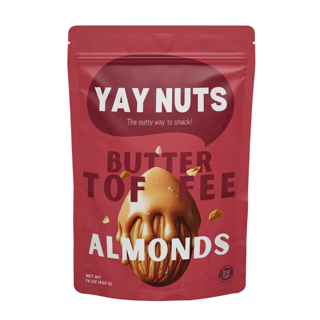 Red package of butter toffee almonds labeled 'Yay Nuts'.