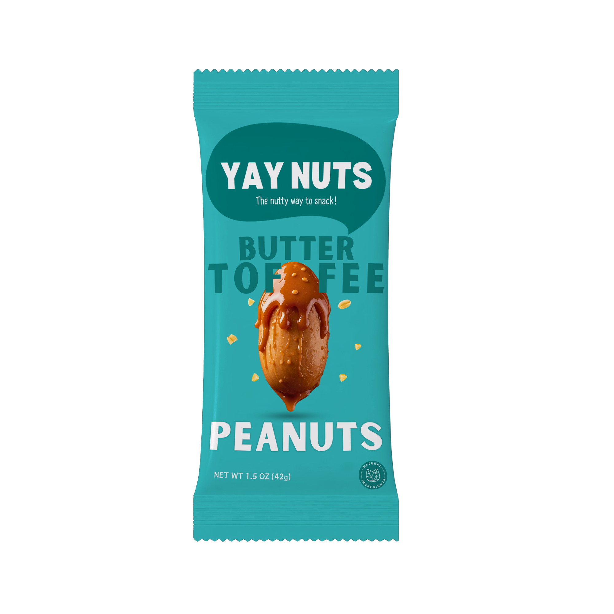 A teal bag of Yay Nuts brand Butter Toffee Peanuts against a white background.
