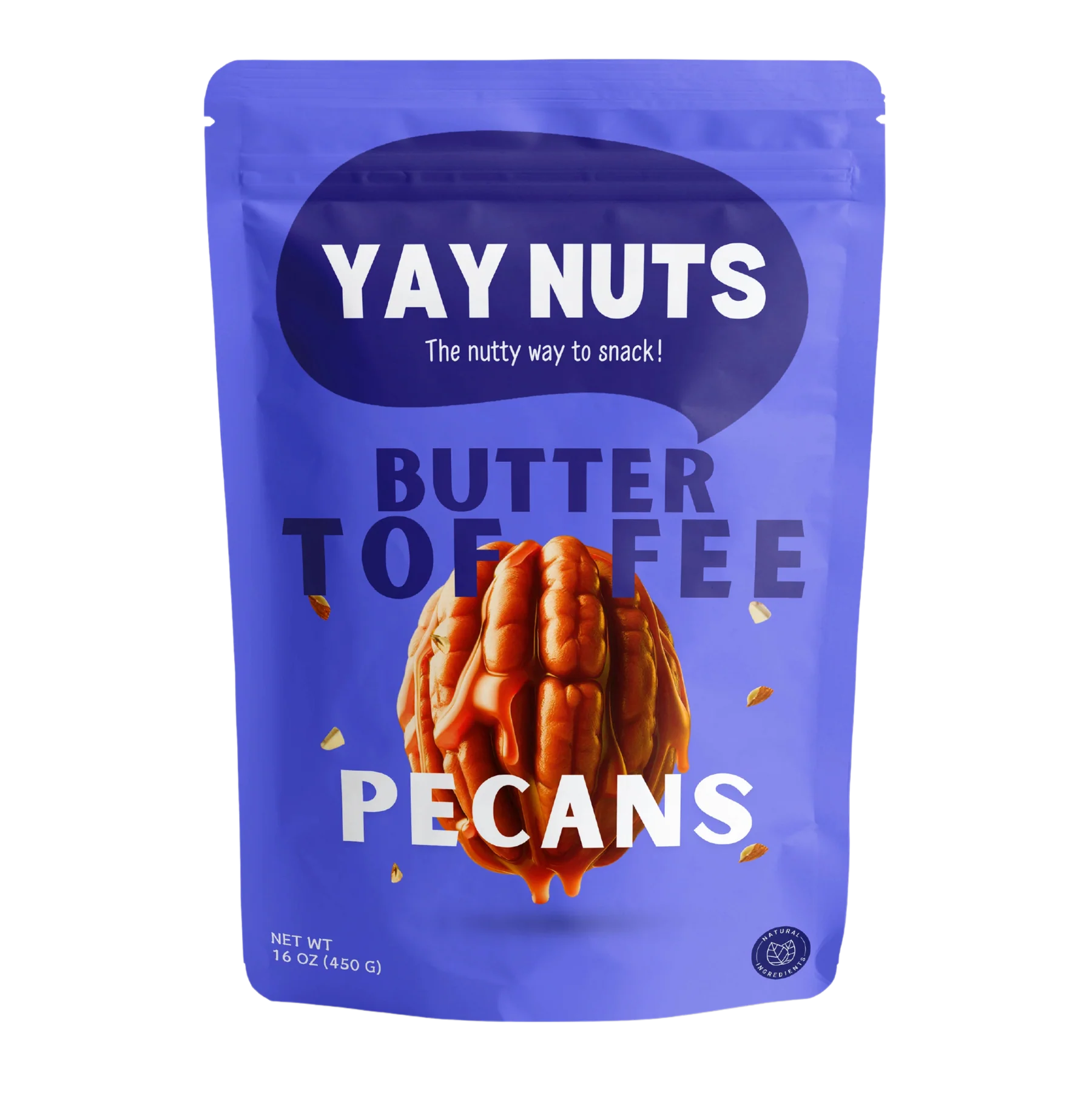 Blue bag with 'Yay Nuts' and butter toffee pecans image.