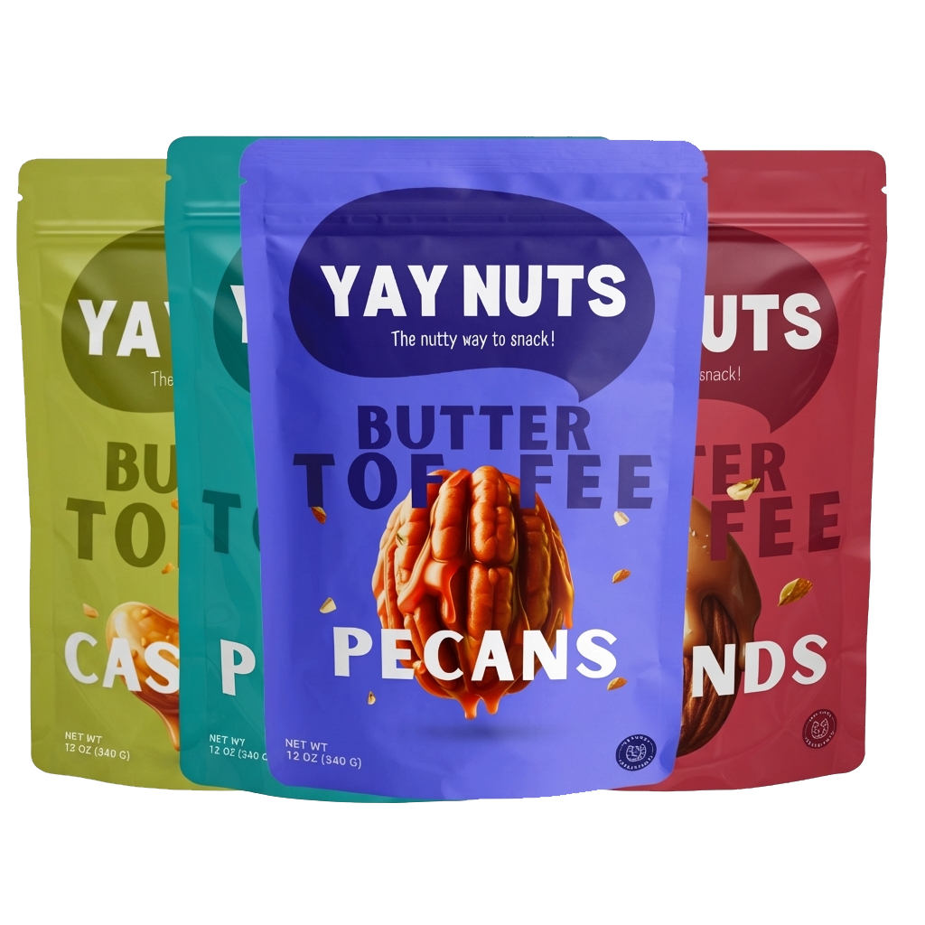Four colorful nut snack packages with bold text and nut imagery.