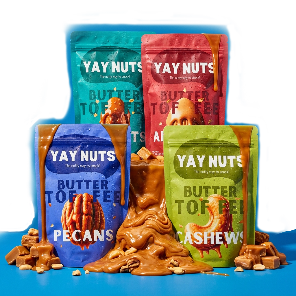 Four colorful bags of YAY NUTS butter toffee nuts are surrounded by melted caramel and nuts.