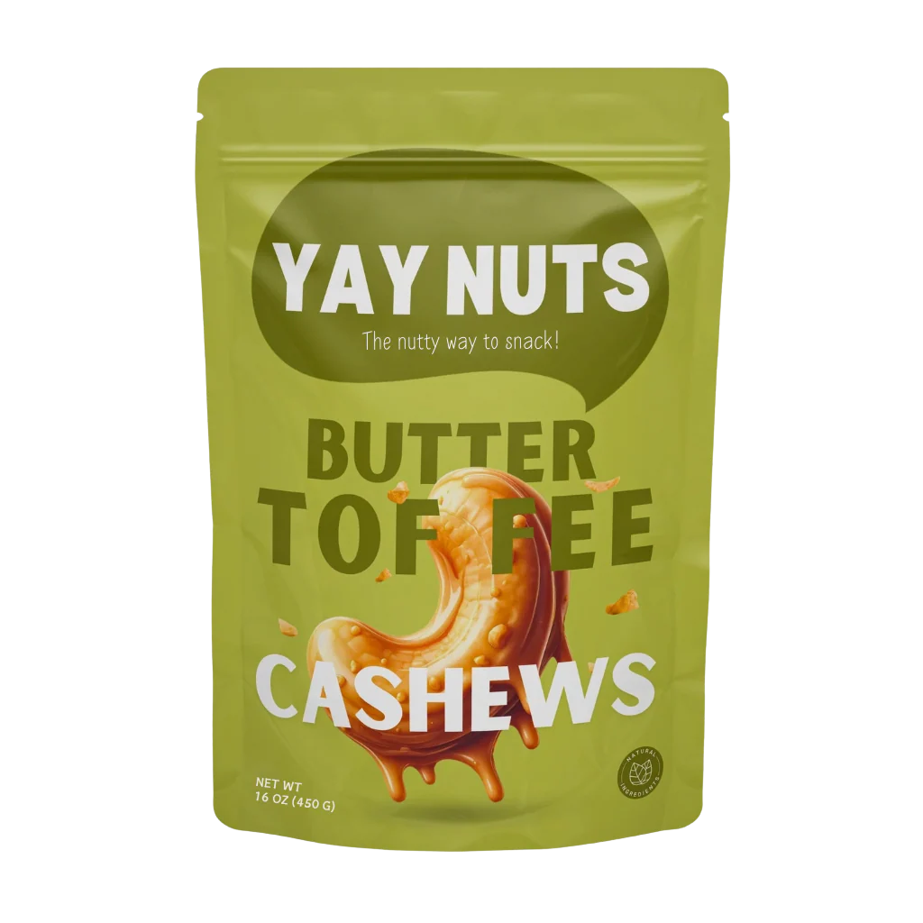 Green packet labeled 'Yay Nuts' with butter toffee cashews.