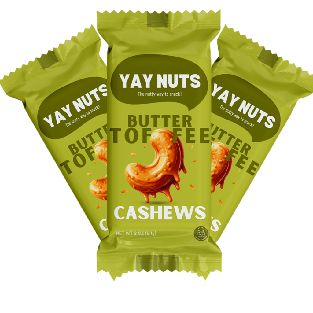 Three packets of butter toffee cashews with a cashew image.