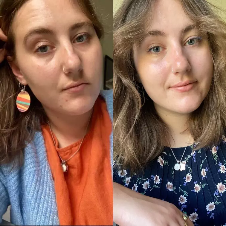 Two side-by-side portraits of a person with different outfits and hairstyles.