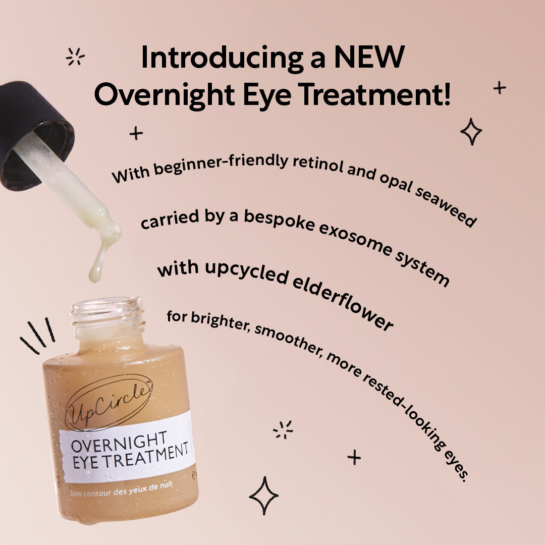 A smiling woman holds a bottle of UpCircle Overnight Eye Treatment in an advertisement.