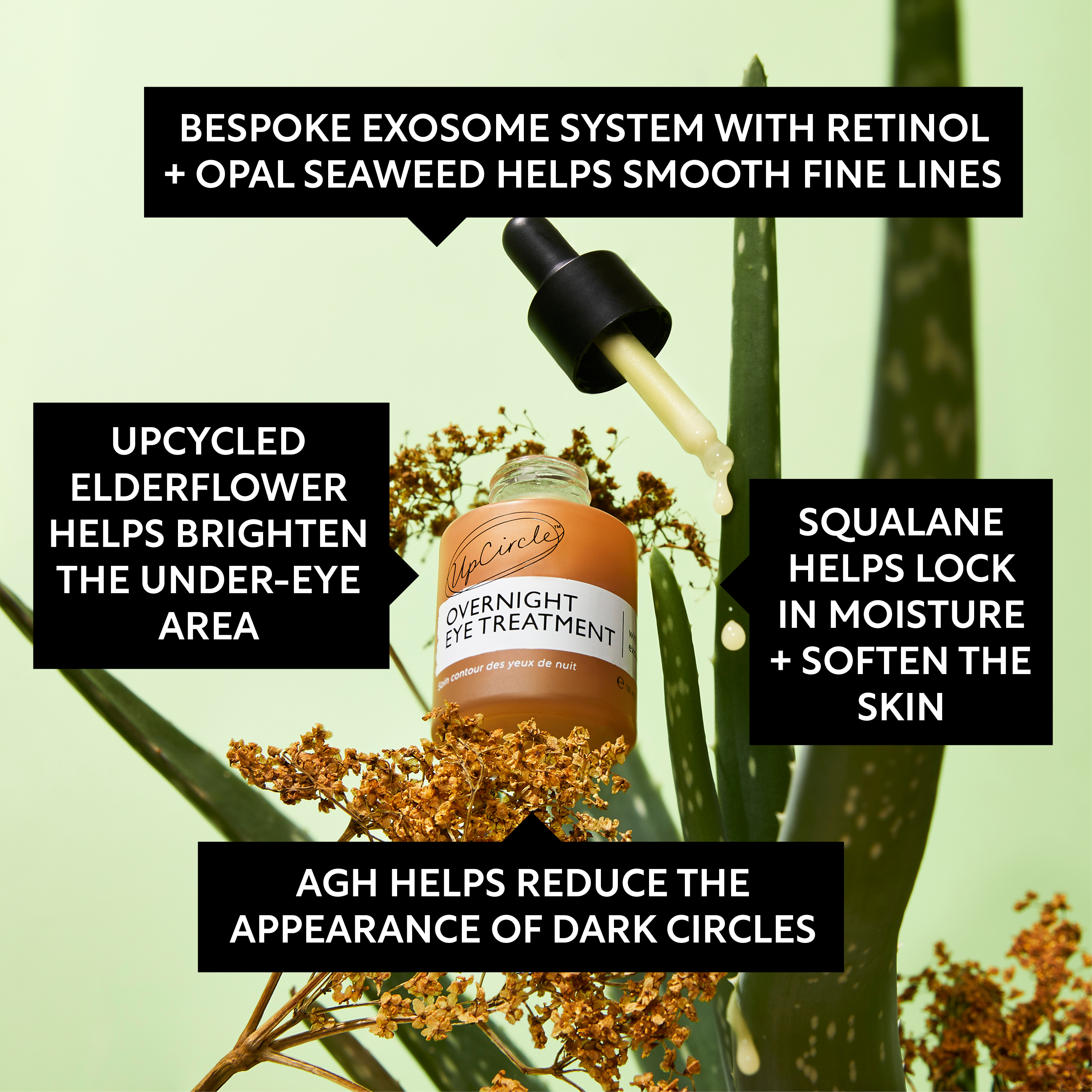 An infographic for UpCircle Overnight Eye Treatment showing the product bottle, ingredients, and text explaining benefits.