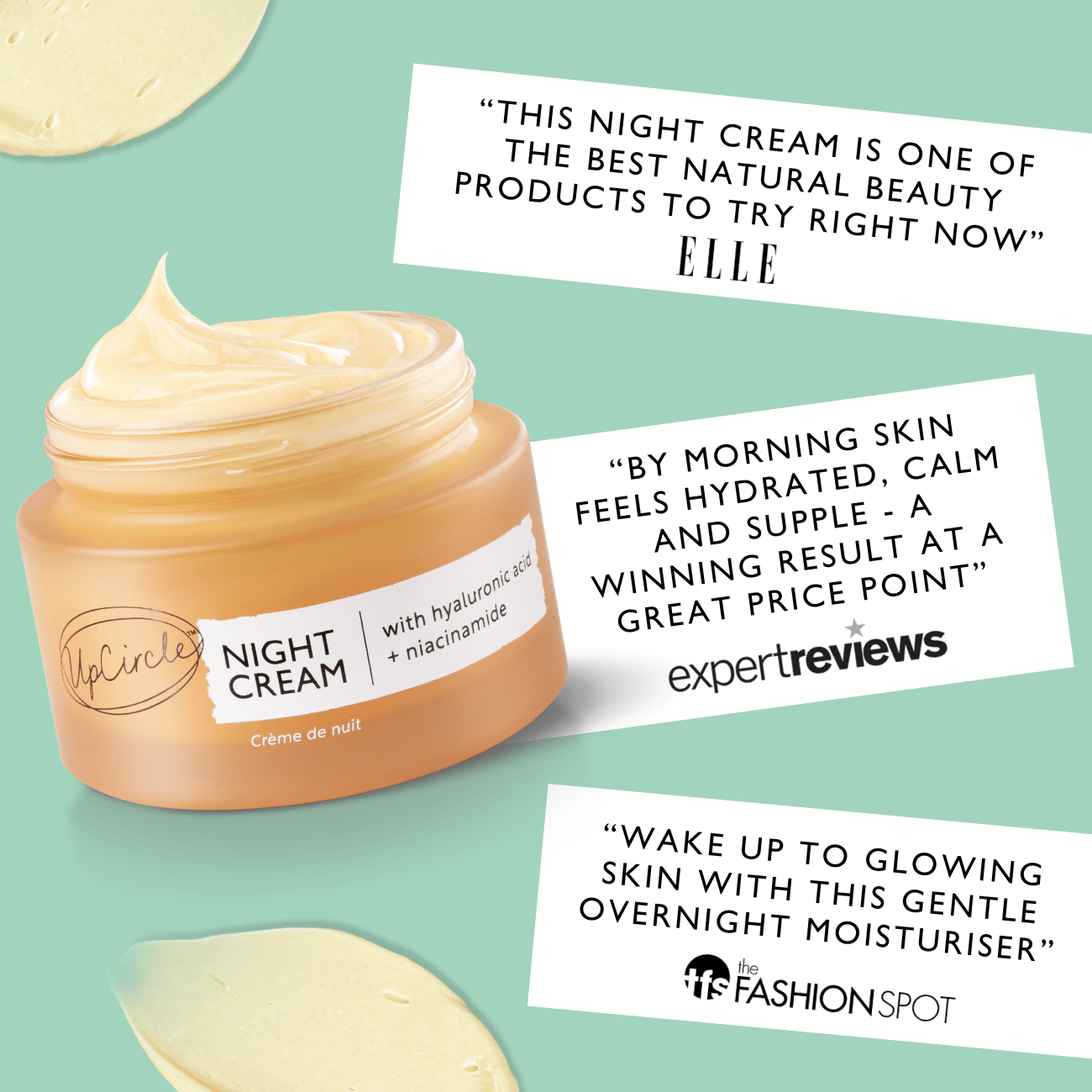A jar of UpCircle Night Cream on a green background with text reviews from various publications.