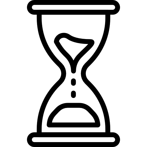 Black and white hourglass icon with sand flowing.