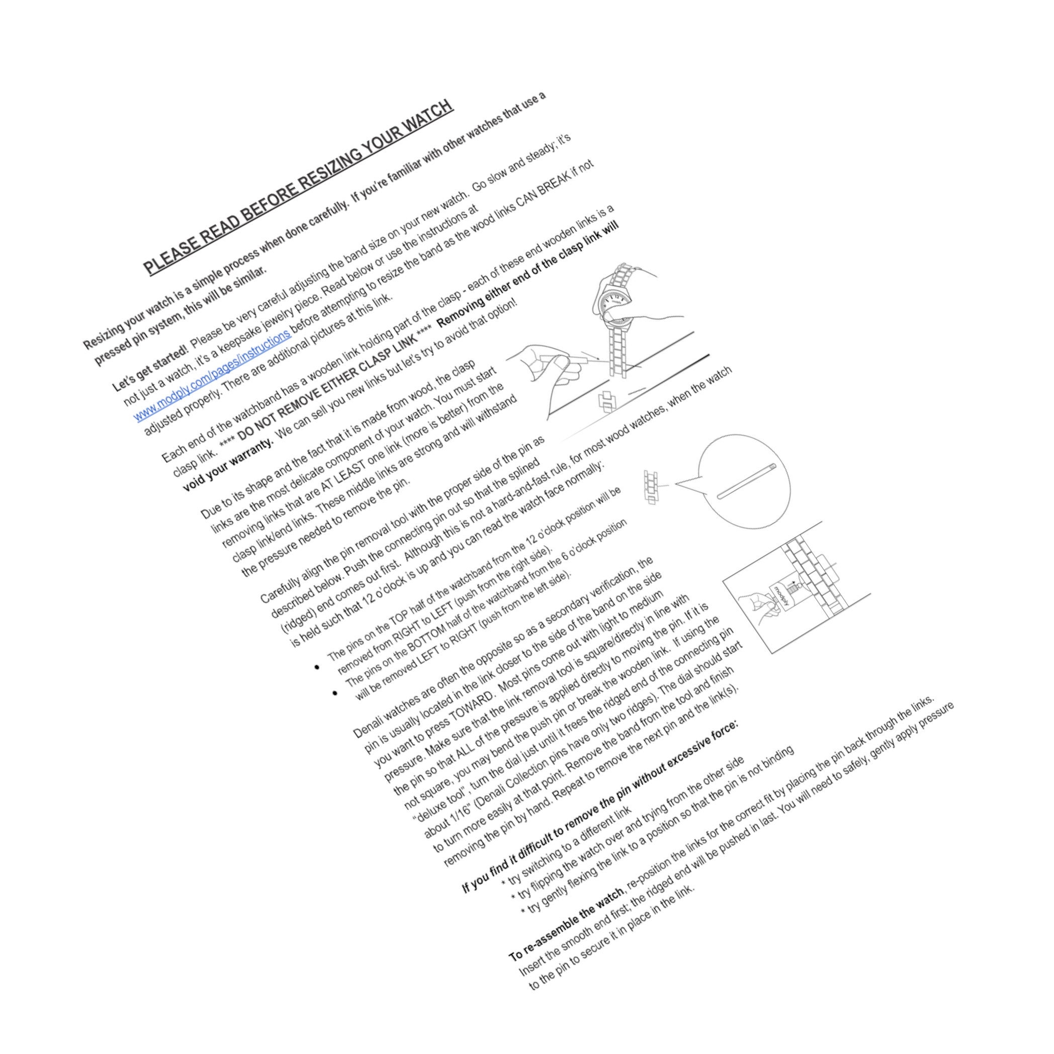 Instructions for resizing a watch band with diagrams.