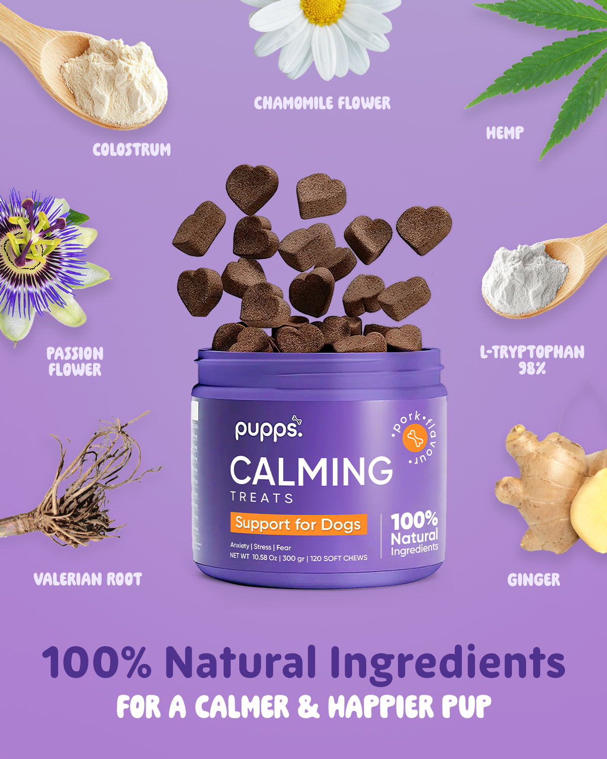 Purple container of dog calming treats with natural ingredients like chamomile and ginger.