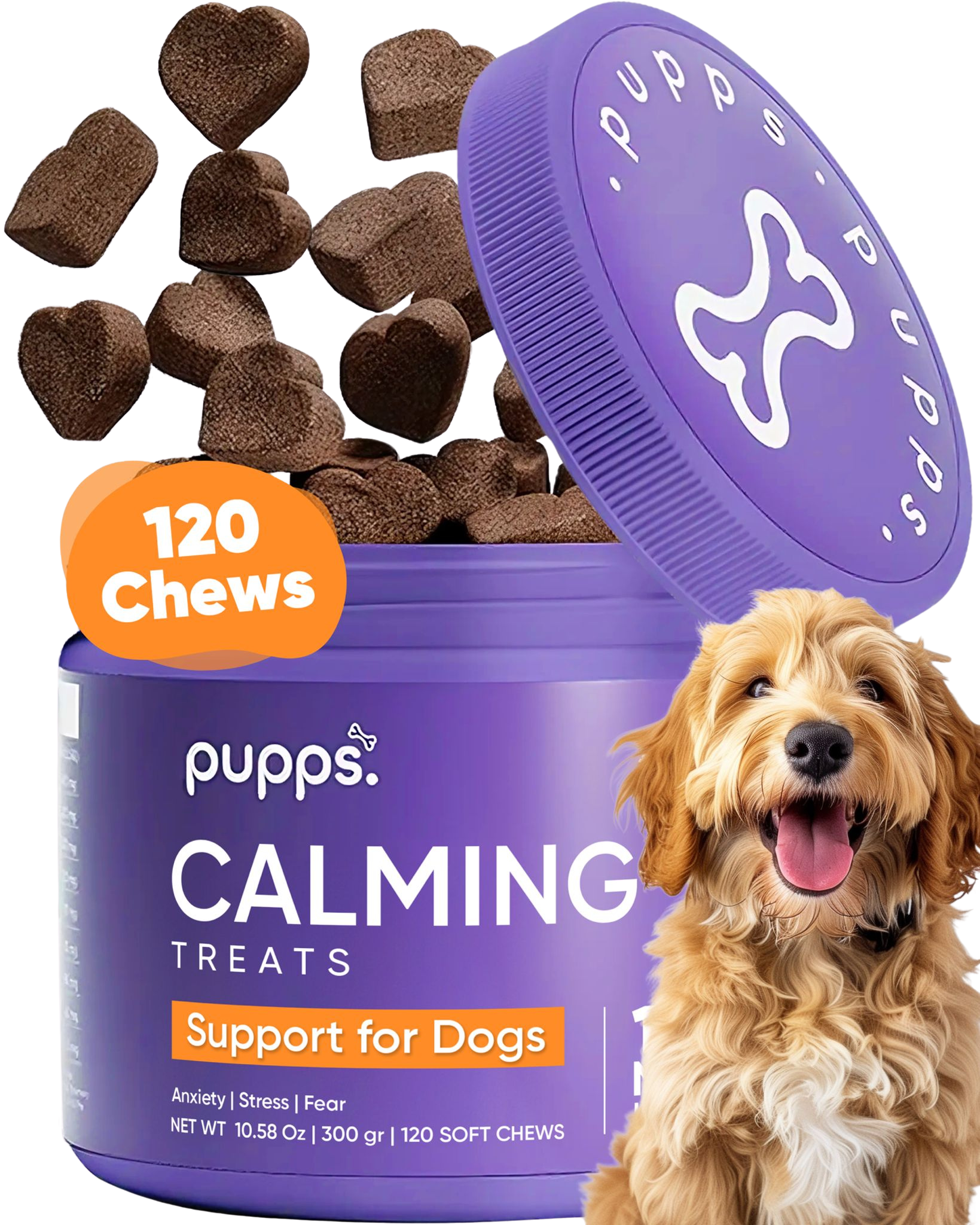 Heart-shaped Calming Treats falling into purple container with Pupps logo lid