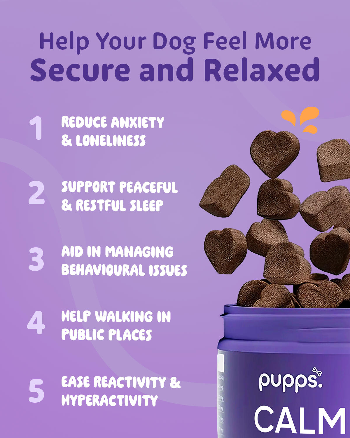 Purple background with dog treats and calming benefits listed.