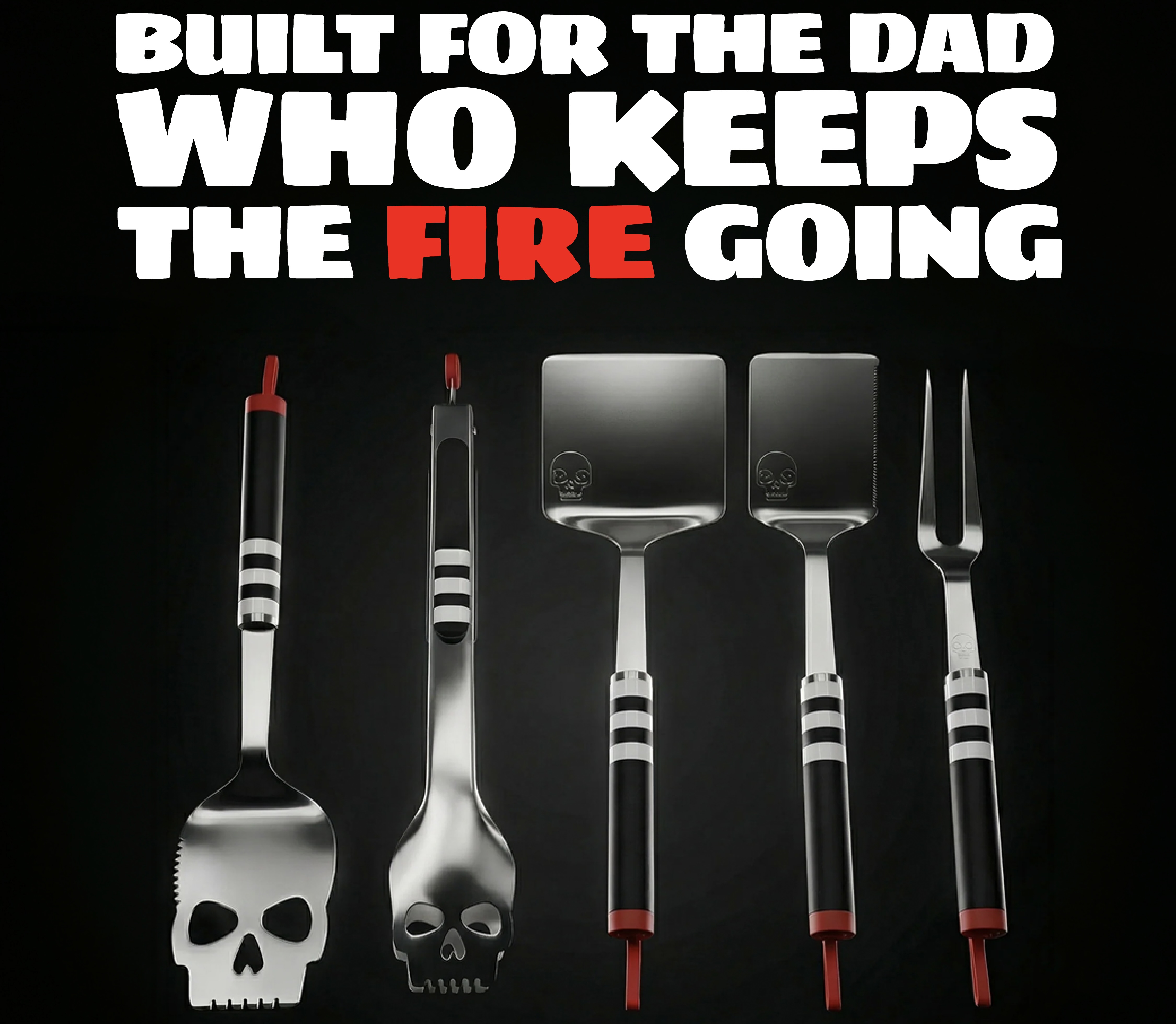A five-piece set of barbecue tools with skull designs, on a black background with promotional text.