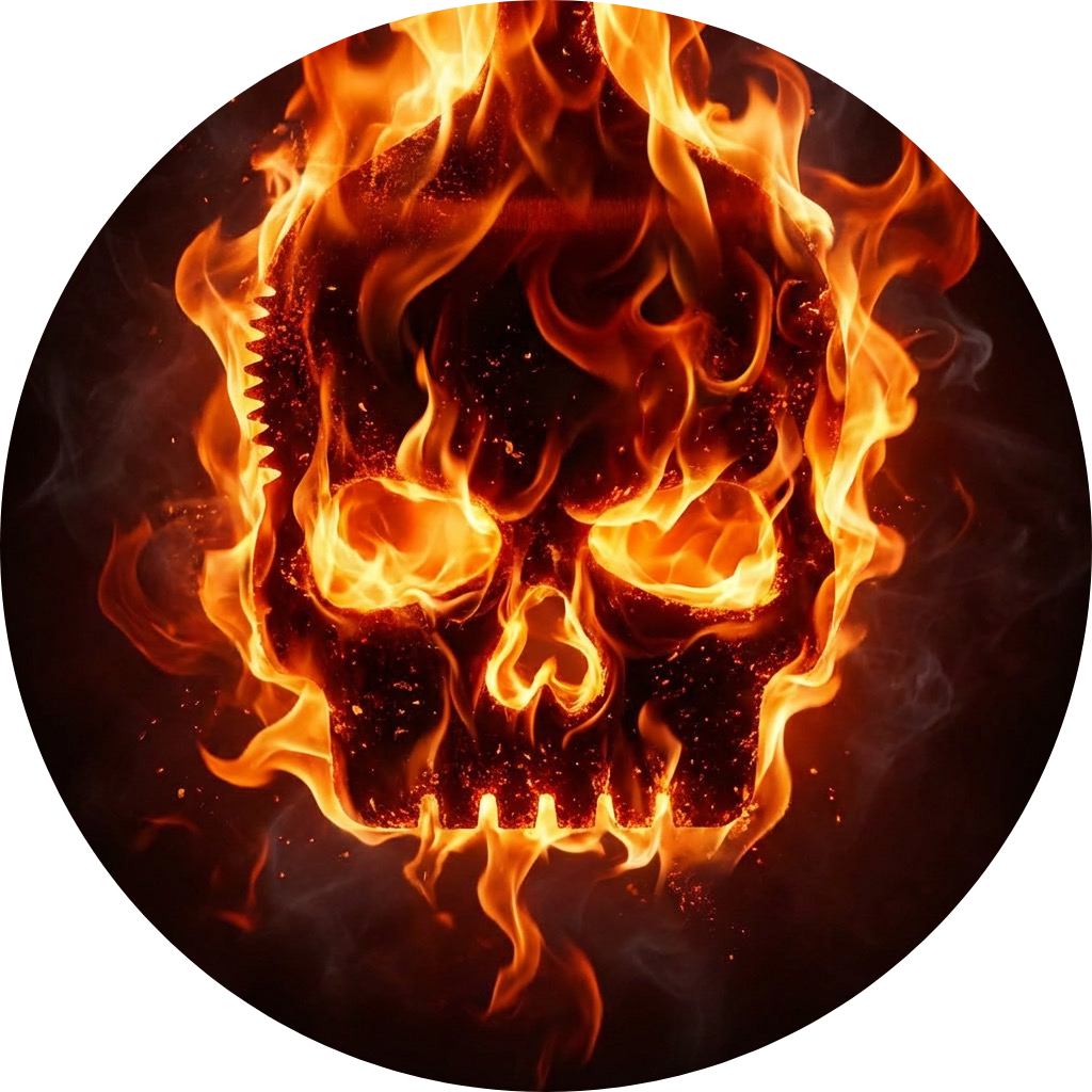 A circular image of a skull engulfed in flames against a dark background.