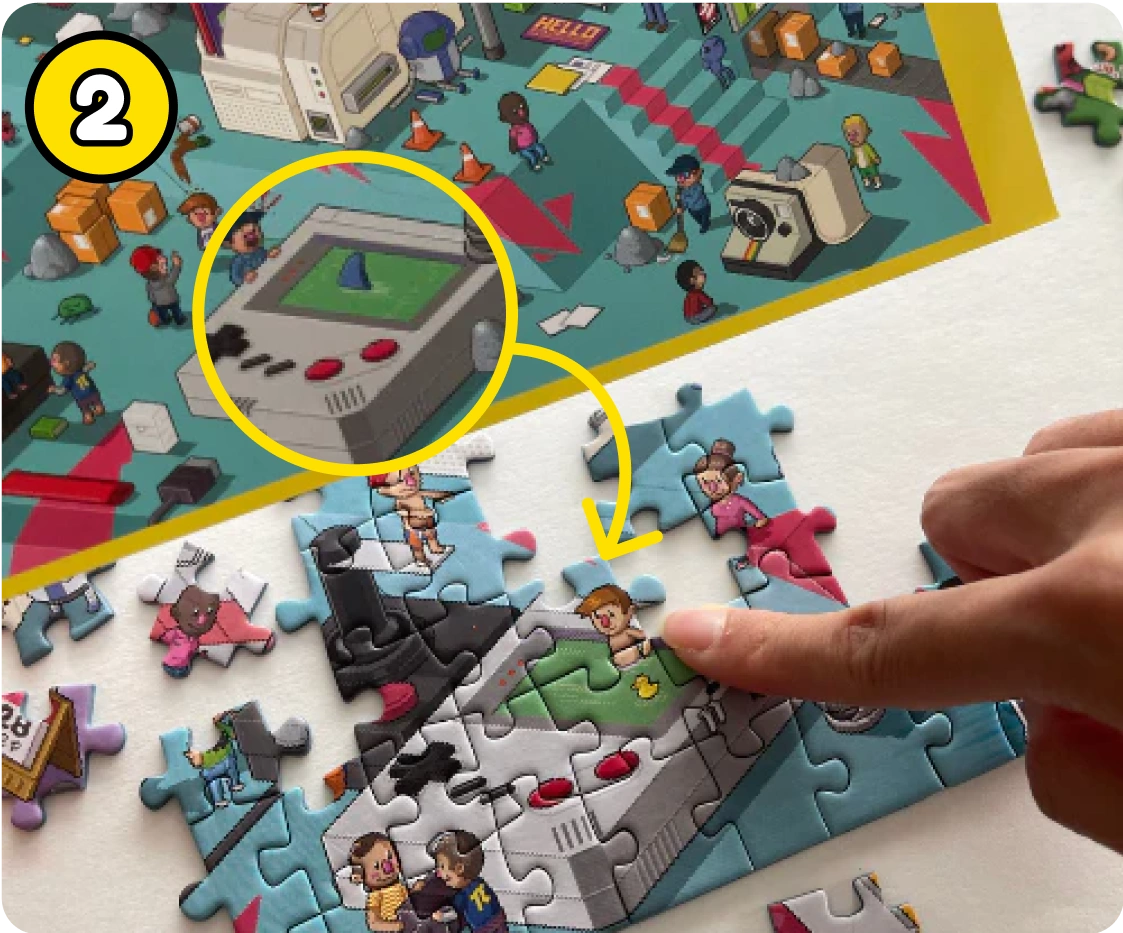 A person assembling a puzzle showing a detailed illustration with various characters and objects.