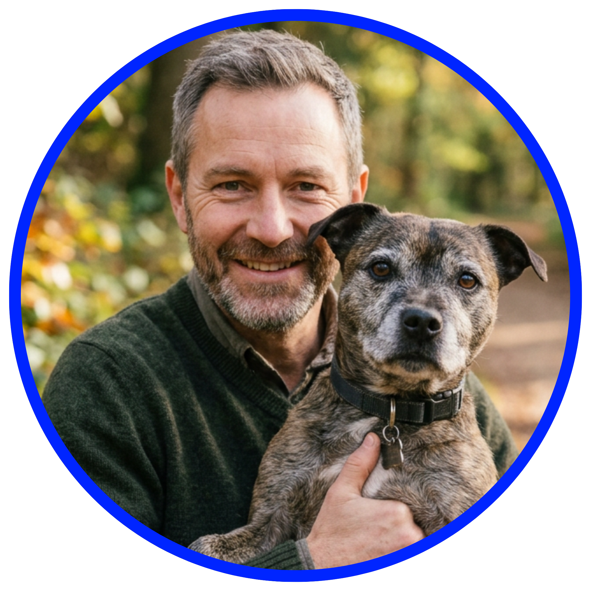 A smiling, middle-aged man with a beard holds a brindle dog outdoors.