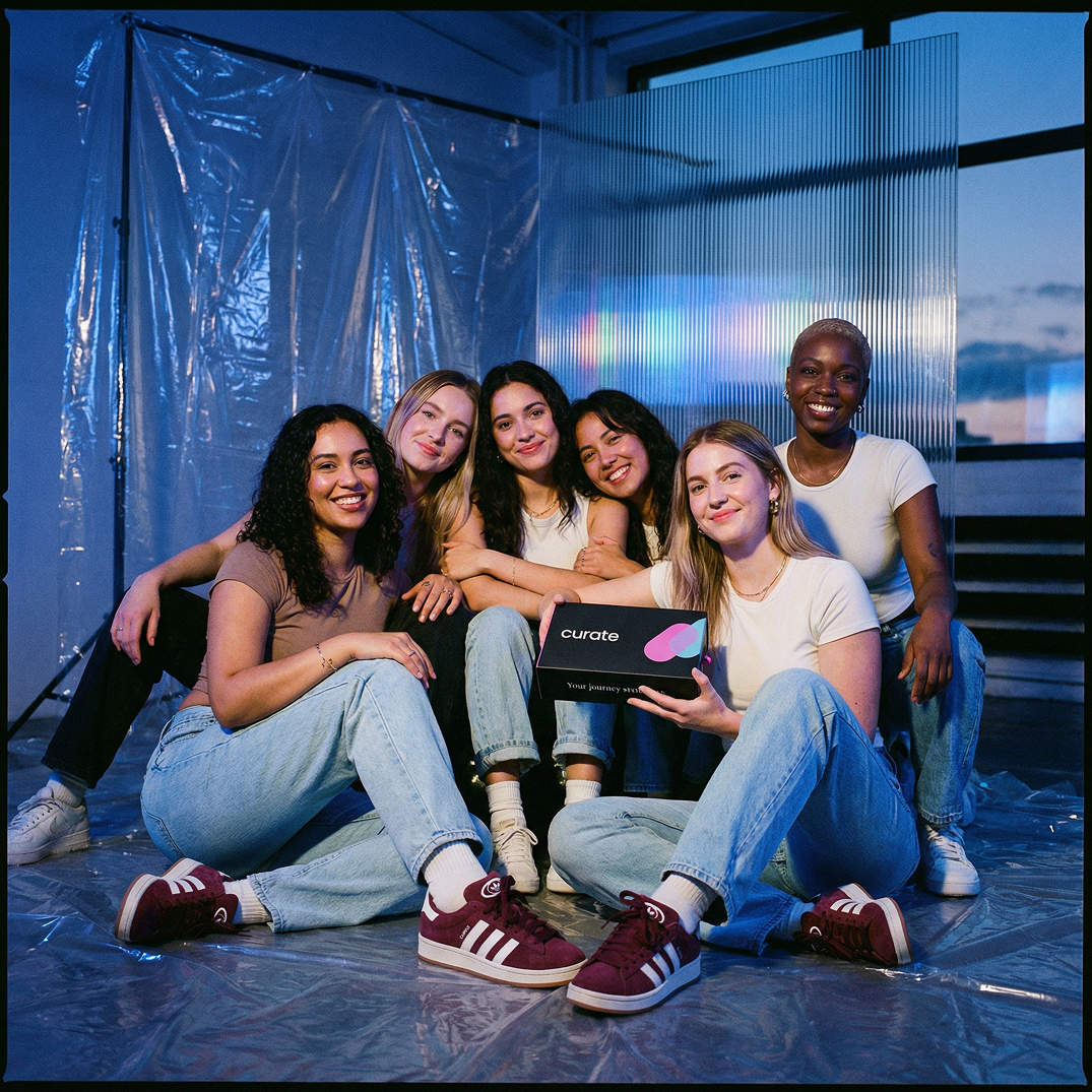 Six smiling young women pose together on a floor covered in plastic, one holding a black box.
