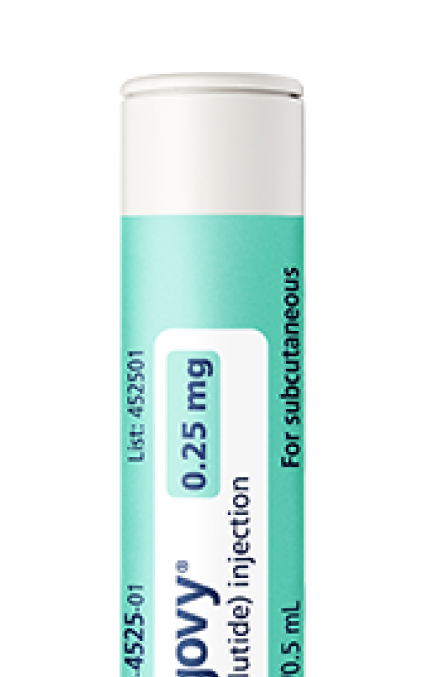 A close-up of a Wegovy 0.25 mg injection pen for subcutaneous use against a black background.