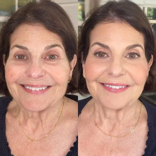 Two side-by-side images showing a woman's face before and after a makeup makeover.