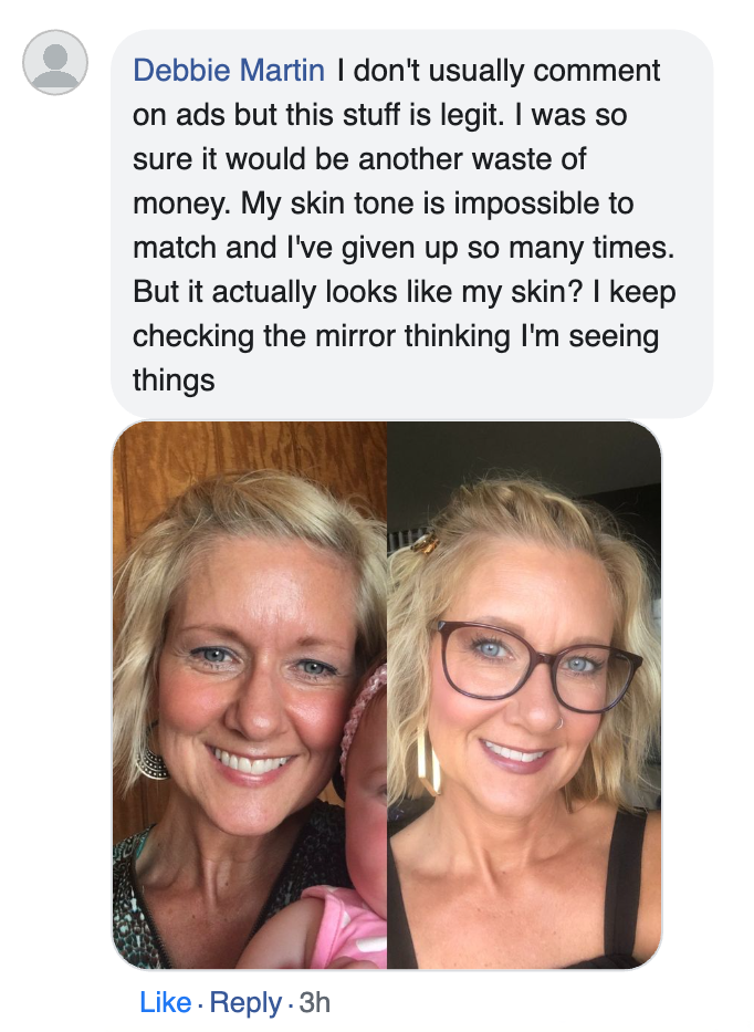 Two side-by-side photos of a smiling woman with different makeup looks.