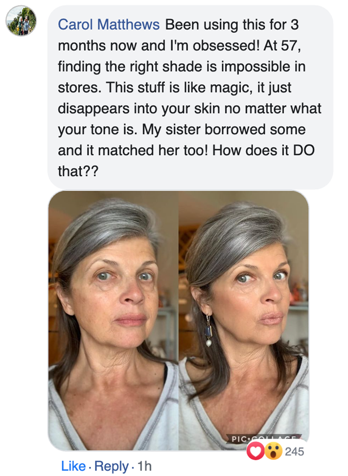 Side-by-side comparison of a woman's face before and after makeup application.