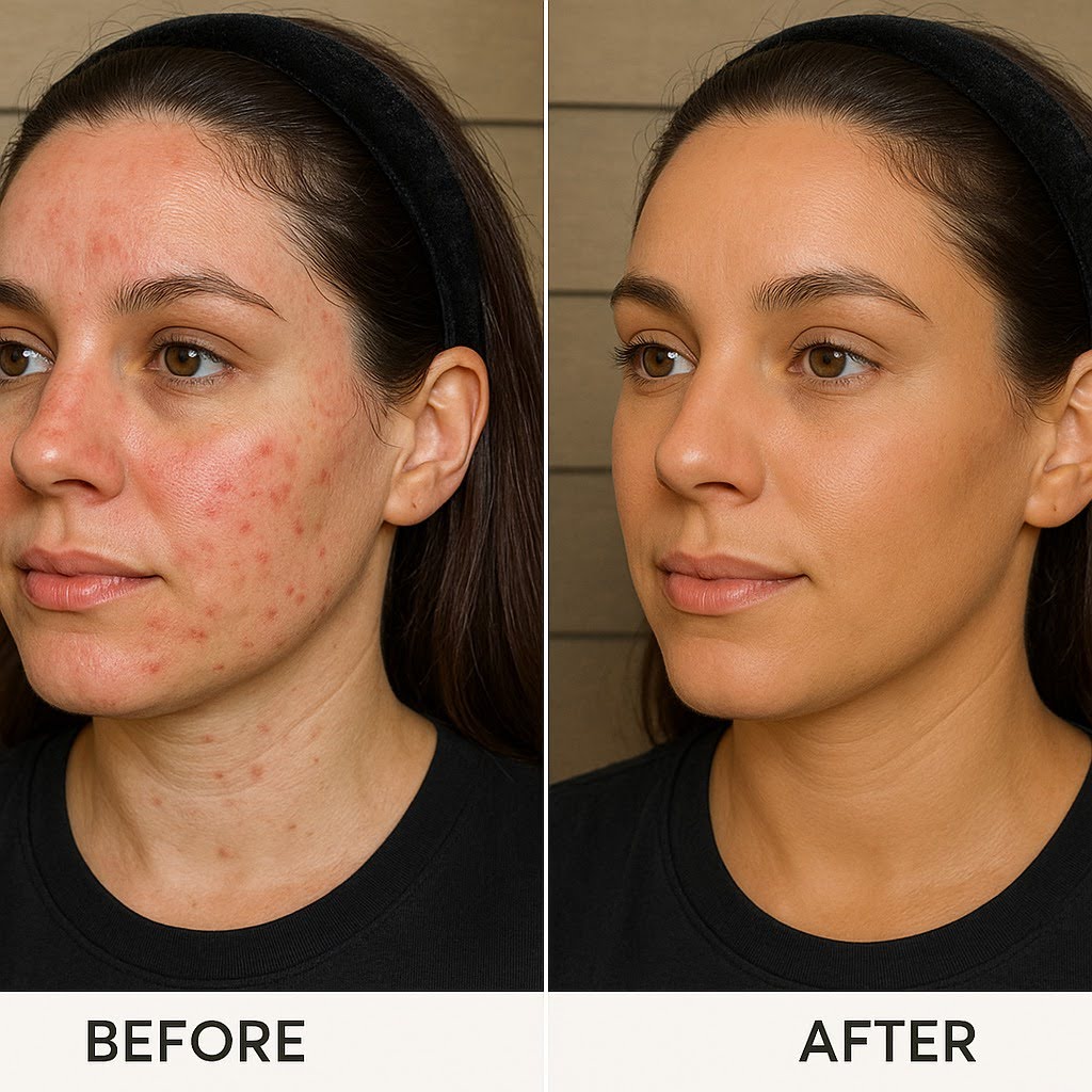 Side-by-side comparison of a woman's face before and after skincare treatment.