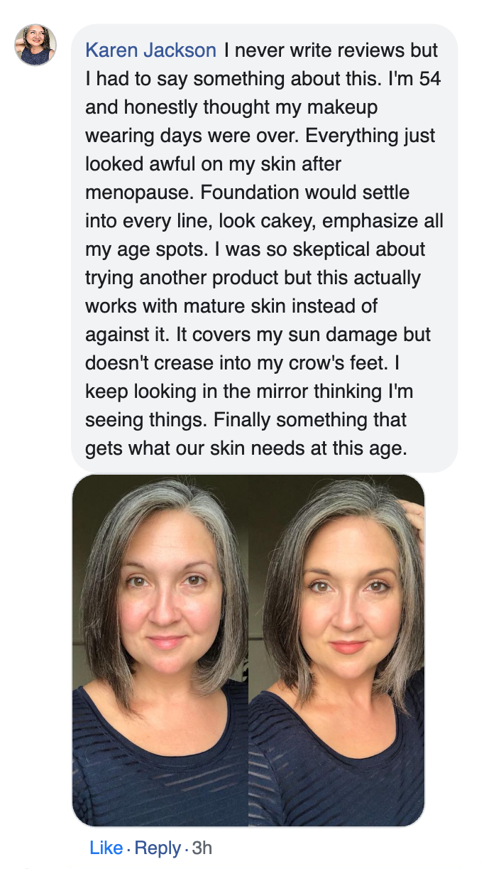 A woman with gray hair, before and after makeup application, with a text review above.