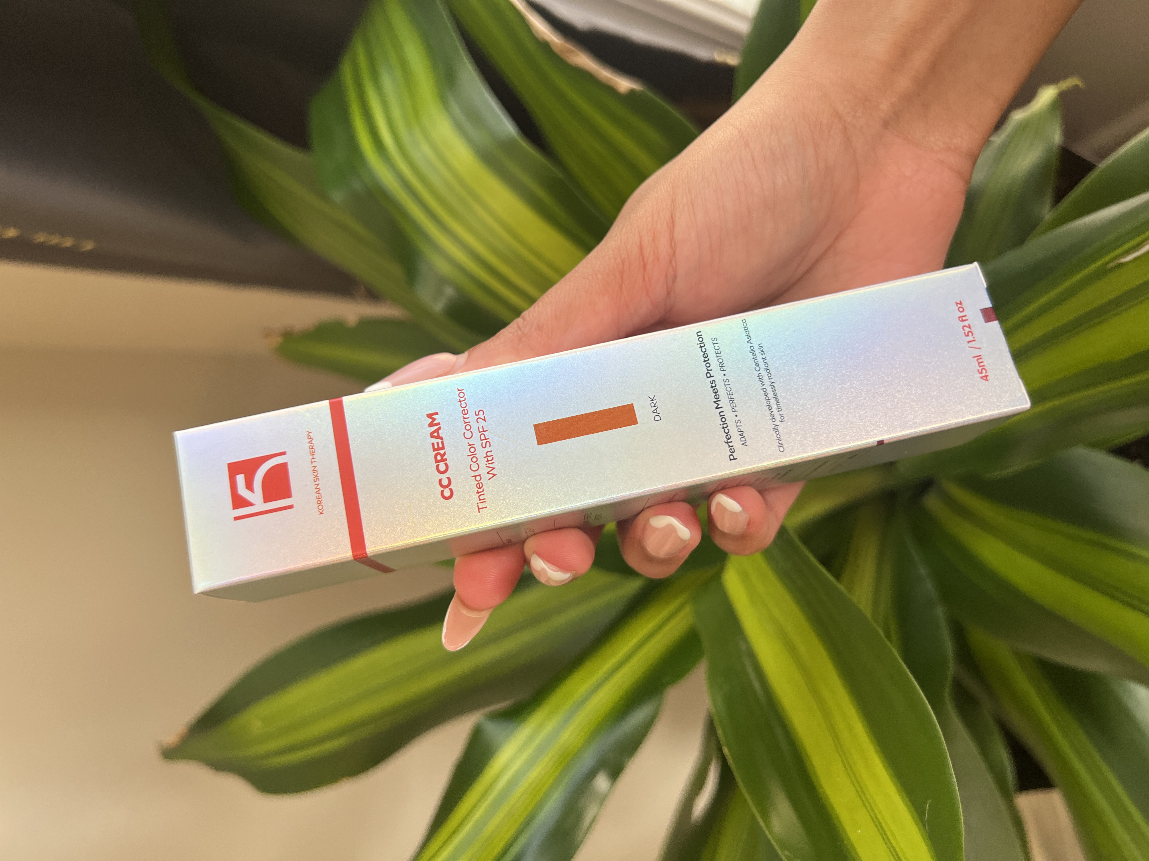 Hand holding a box of CC cream with plants in the background.
