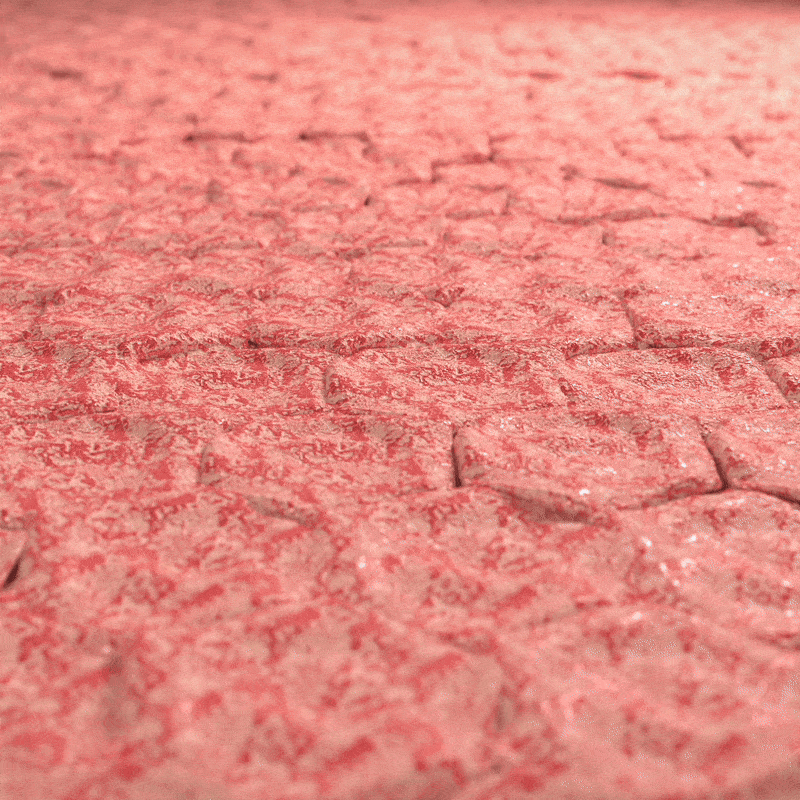 Close-up of textured, red surface with a mosaic-like pattern.
