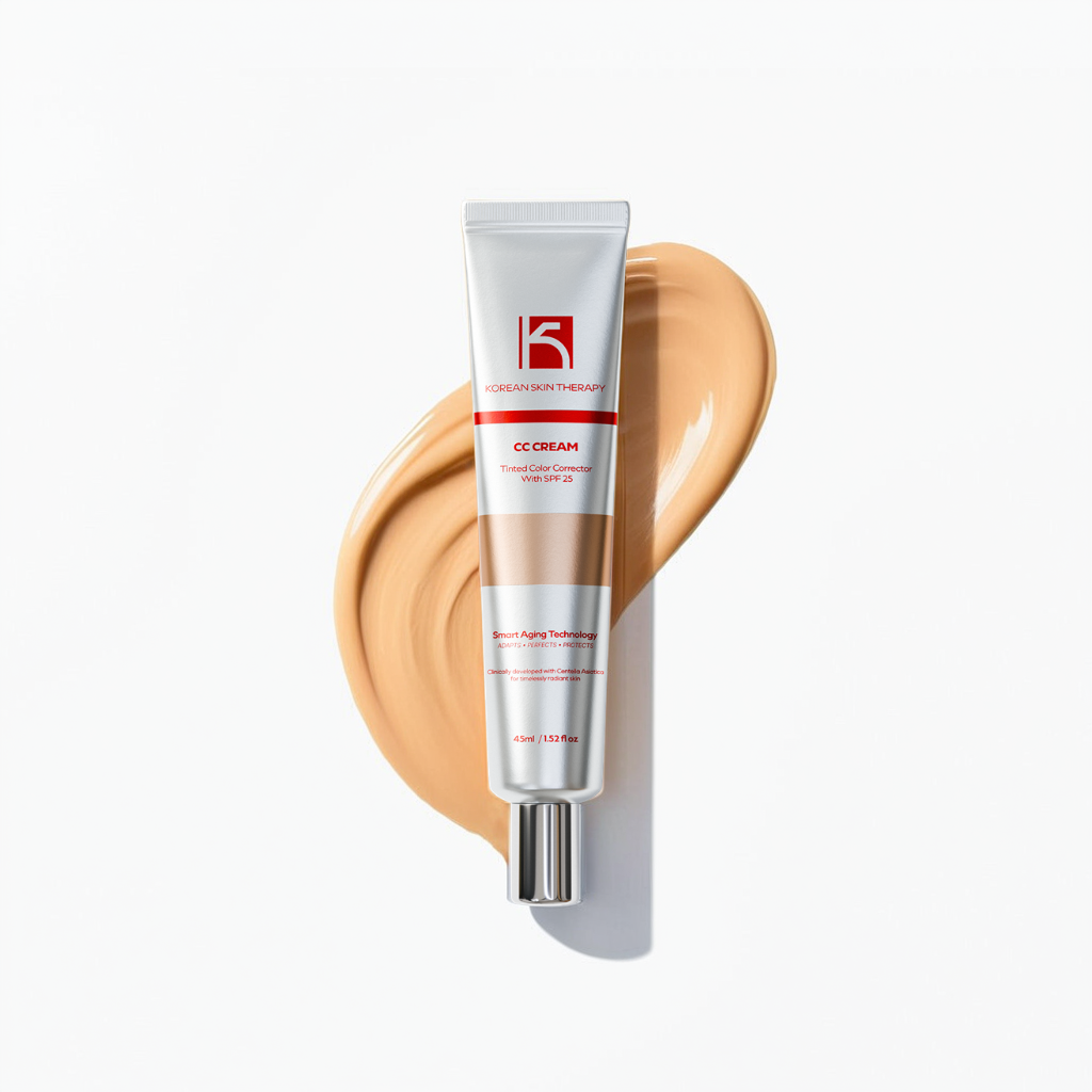 A tube of CC cream with a beige smear on a white background.