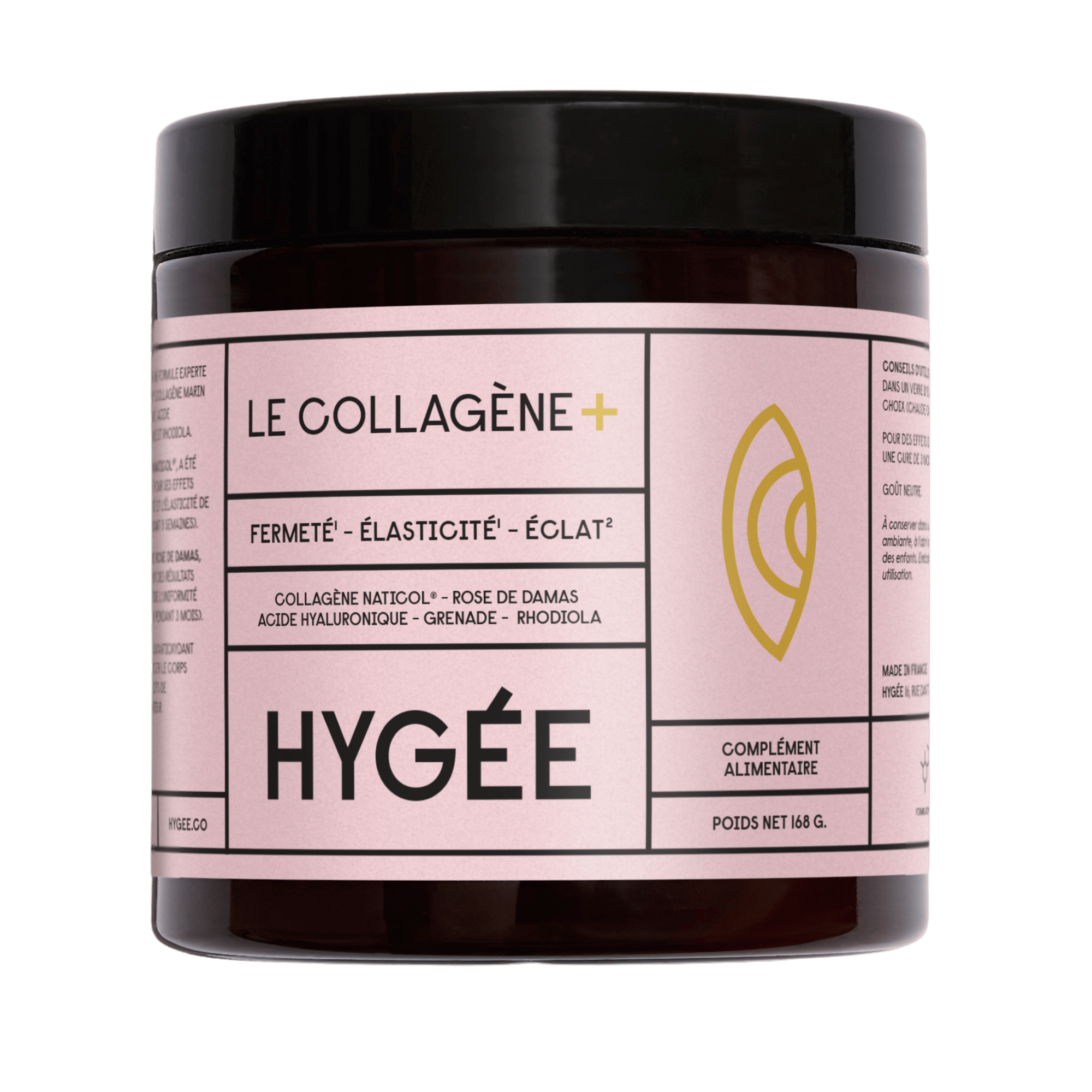 A jar labeled 'Le Collagène +' by Hygée, with pink and black design.