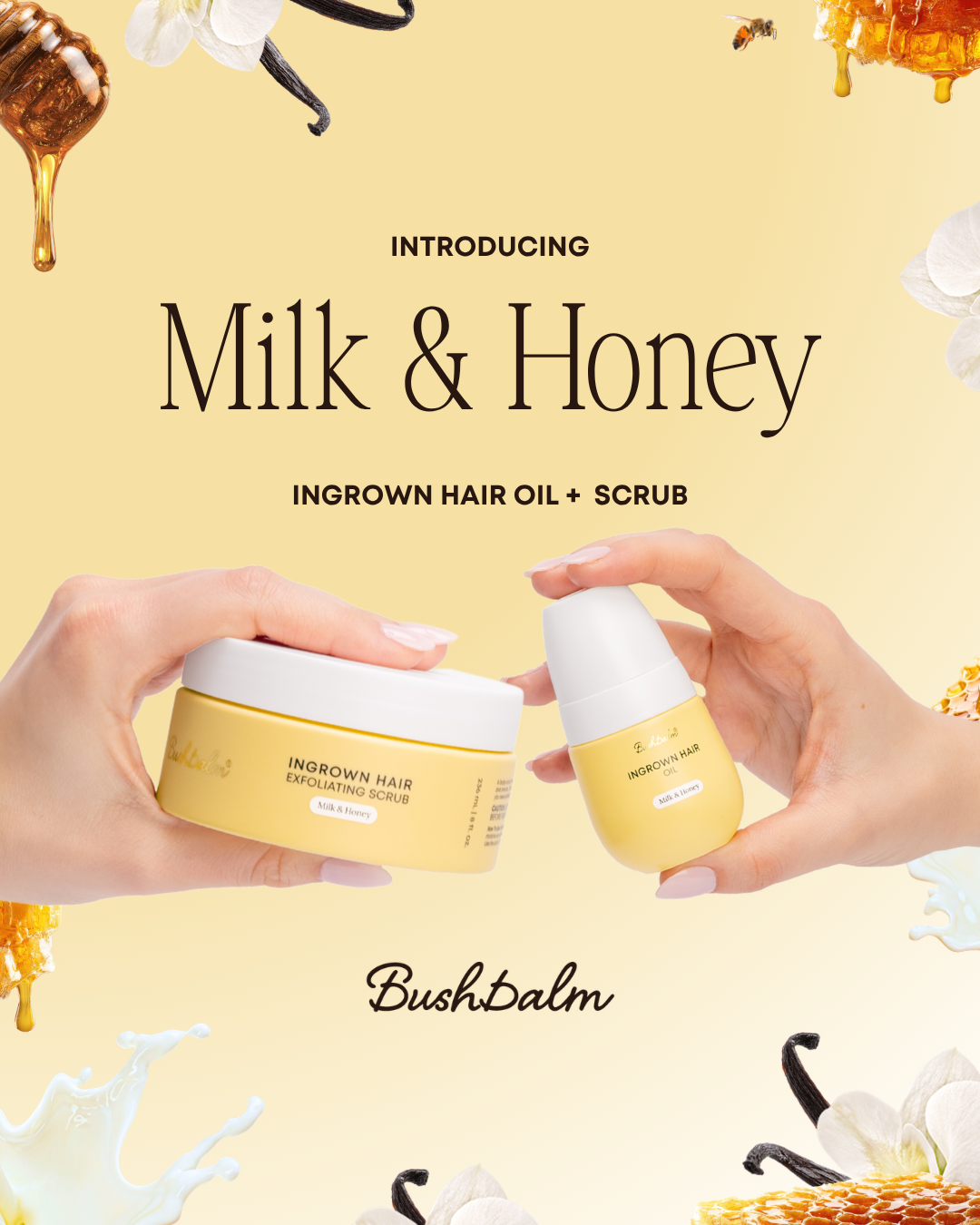 Hands holding BushBalm's Milk & Honey ingrown hair oil and exfoliating scrub against a yellow background.
