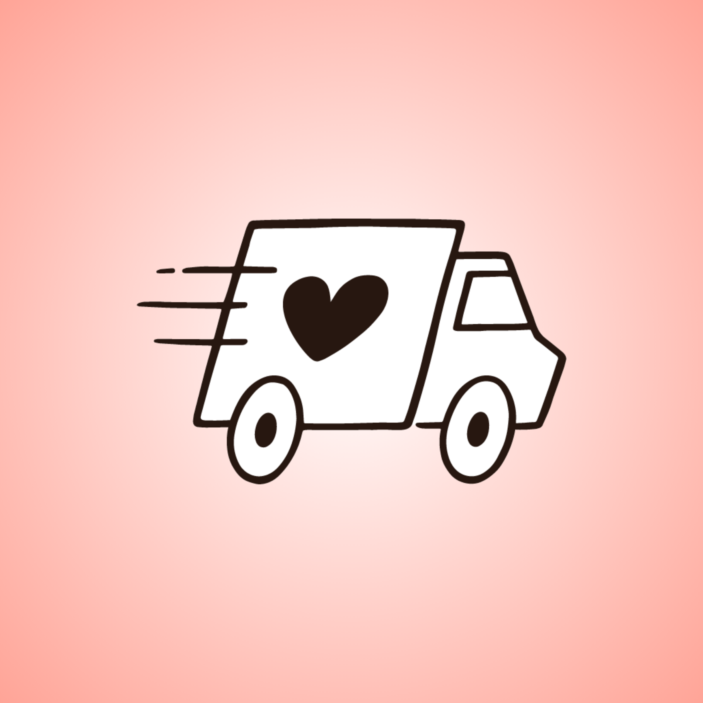 A simple line drawing of a delivery truck with a heart on its side, against a pink background.