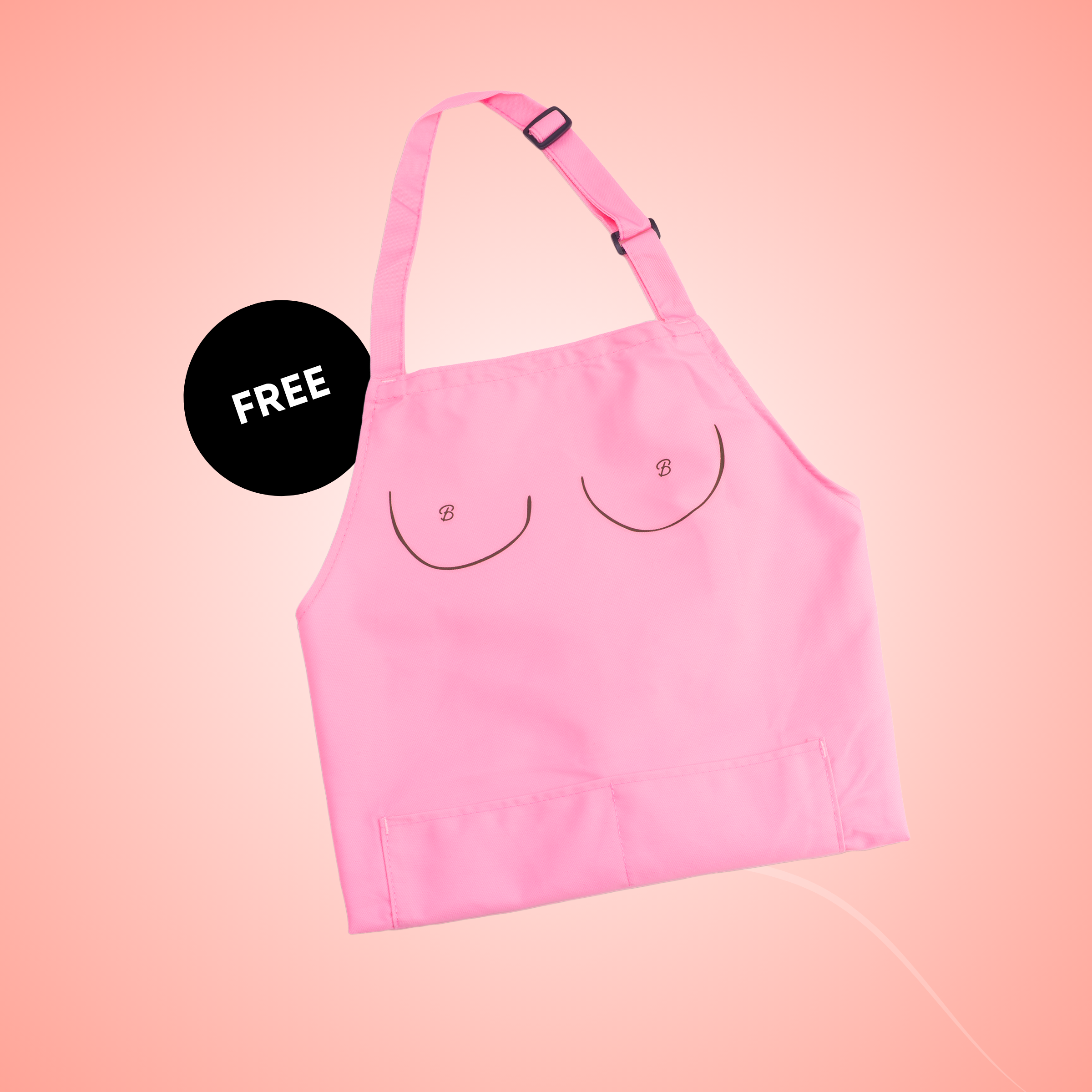 A pink apron with a line drawing of breasts on the chest and a 'FREE' graphic.