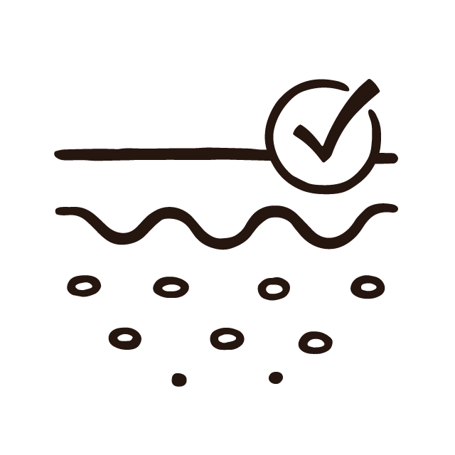 A black line drawing icon of skin layers with a circle and checkmark on the top layer.