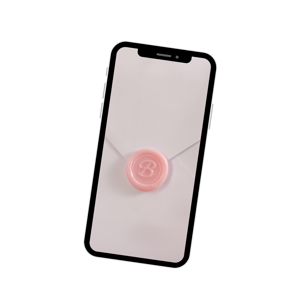 A smartphone displaying an envelope with a pink wax seal with the letter B on its screen.