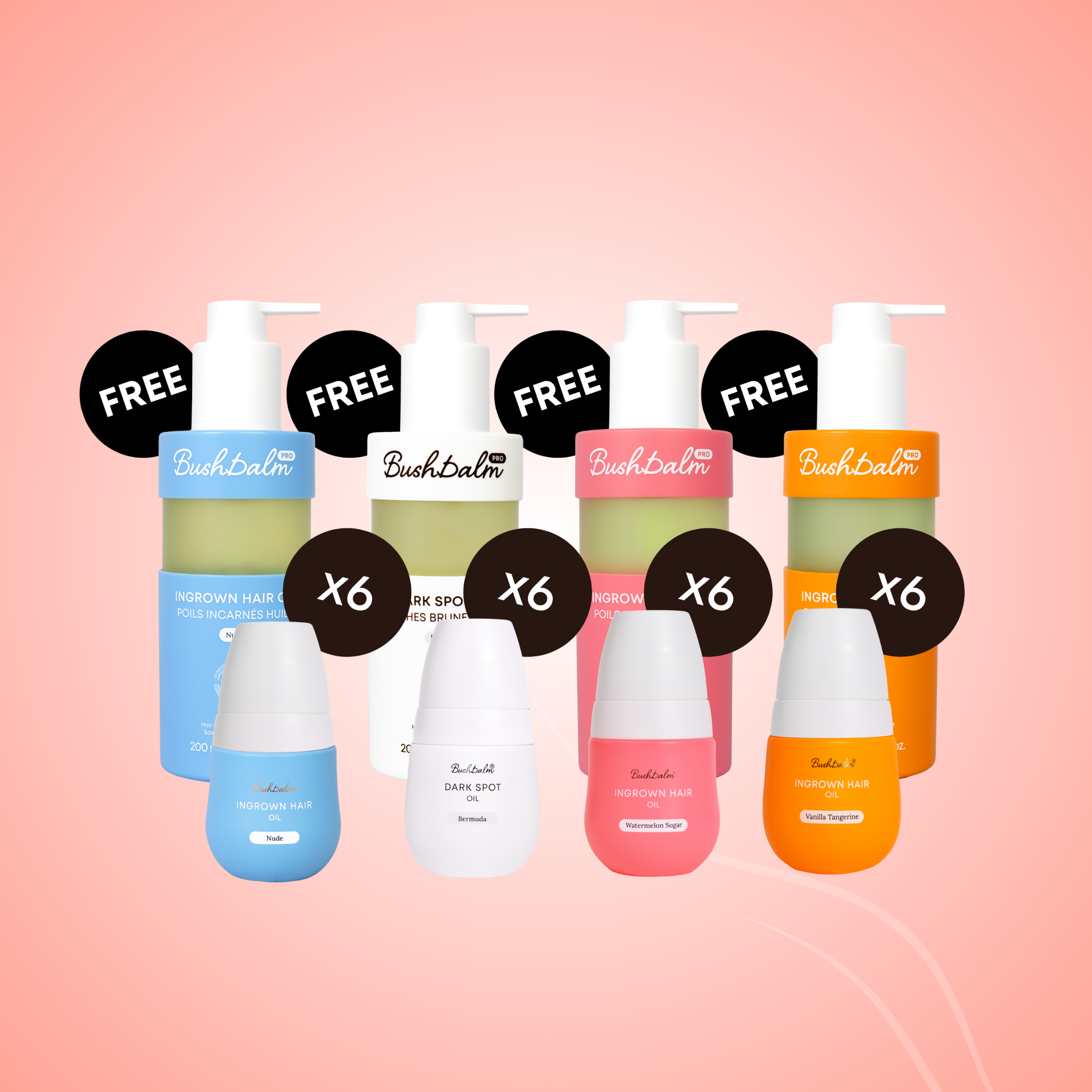 An assortment of colorful BushBalm skincare products, including pump bottles and oils, with promotional stickers.