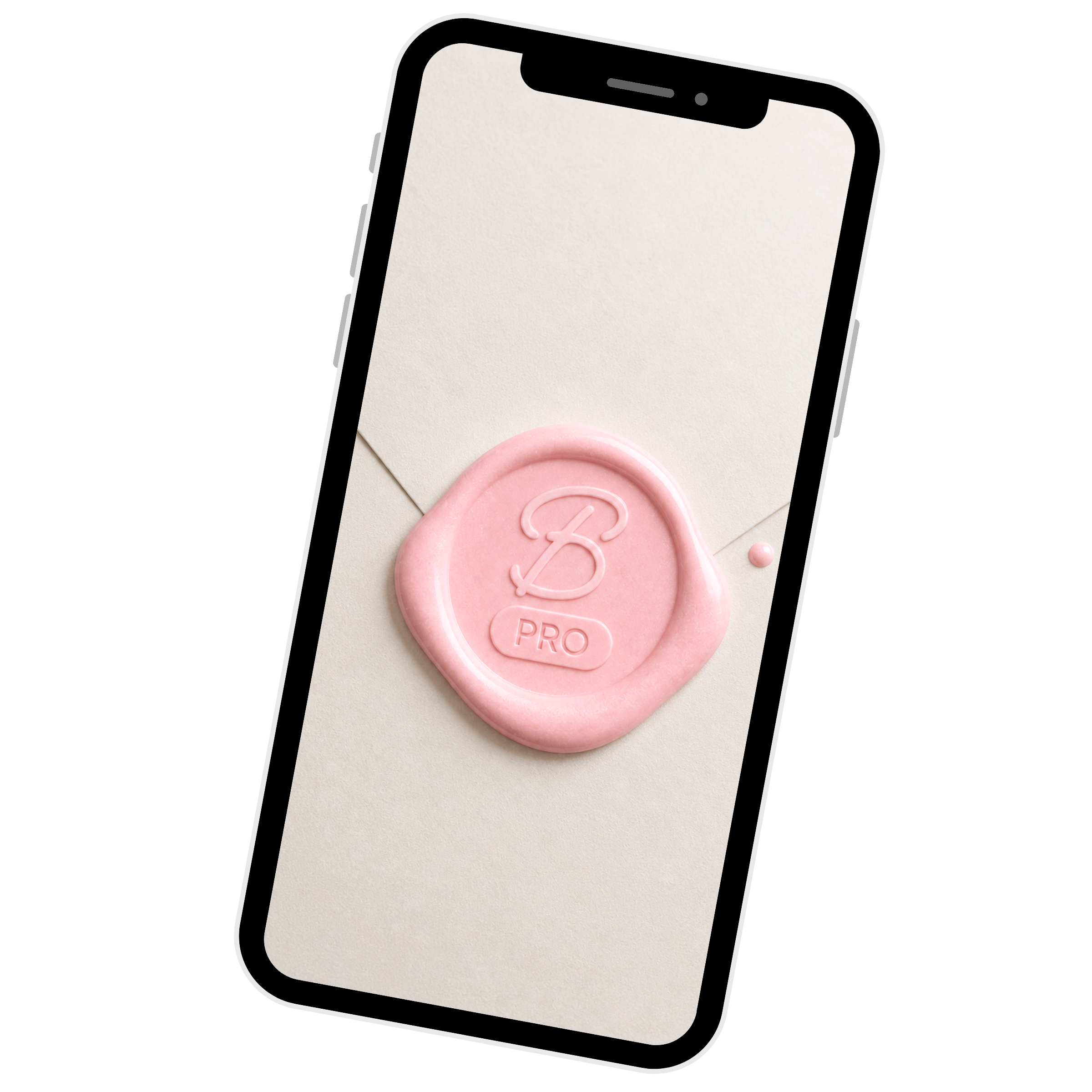 A smartphone displaying an envelope with a pink B PRO wax seal on a white background.