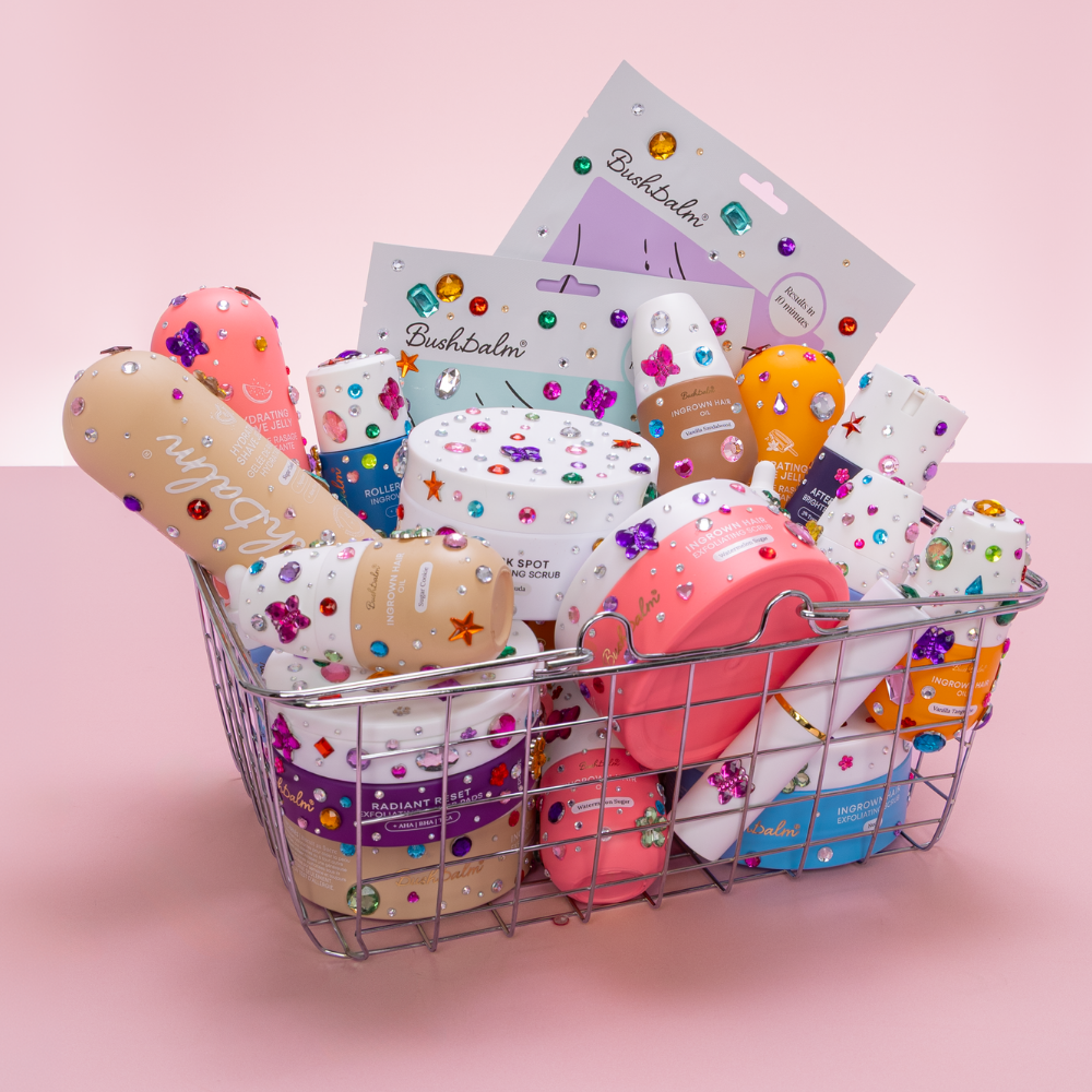 A hand reaching for a Vajacial Mask package on a shelf with skincare products.