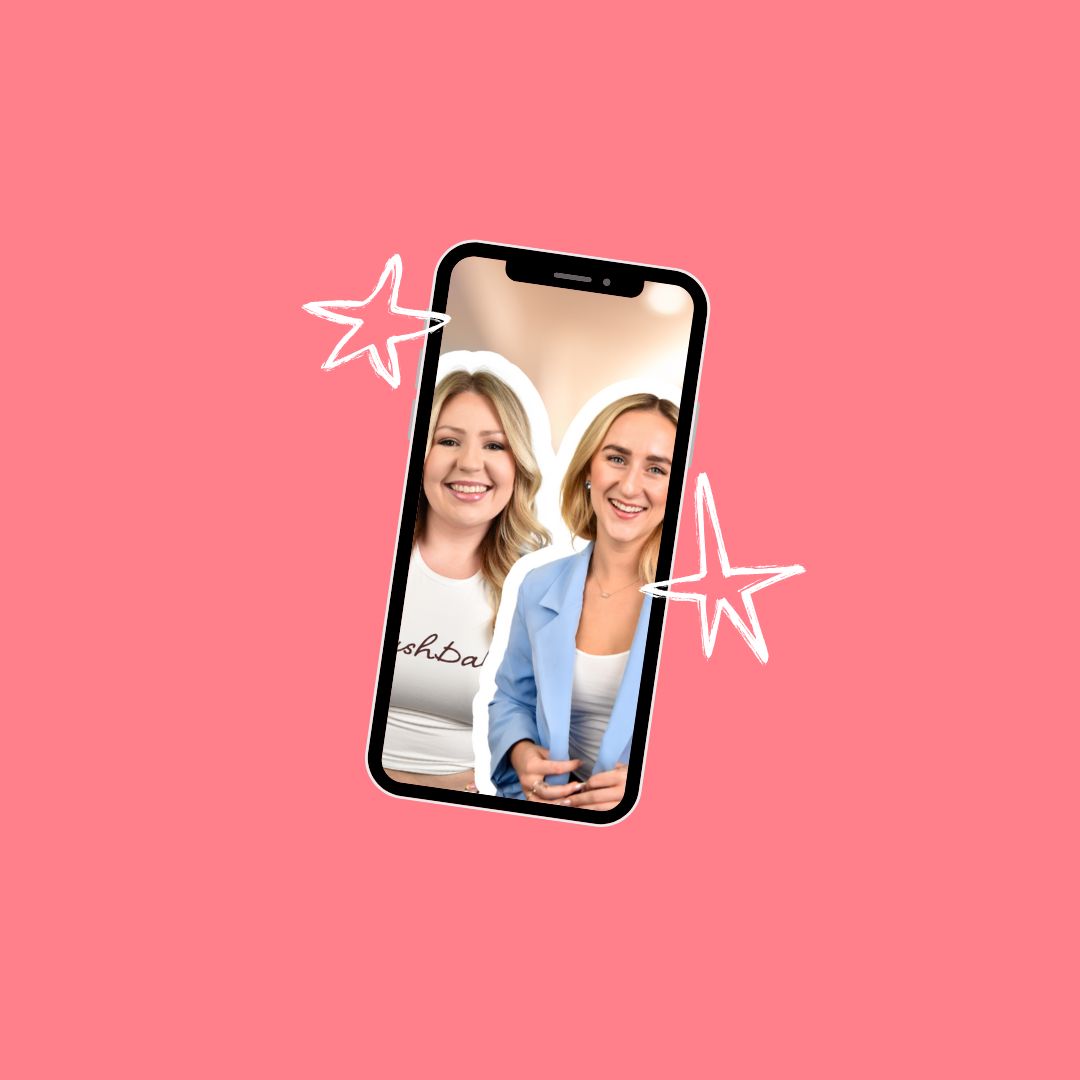 Two women smiling in a phone frame on a pink background with stars.