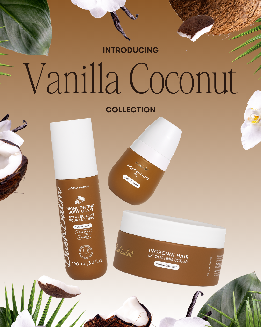 Hands holding BushBalm's Milk & Honey ingrown hair oil and exfoliating scrub against a yellow background.