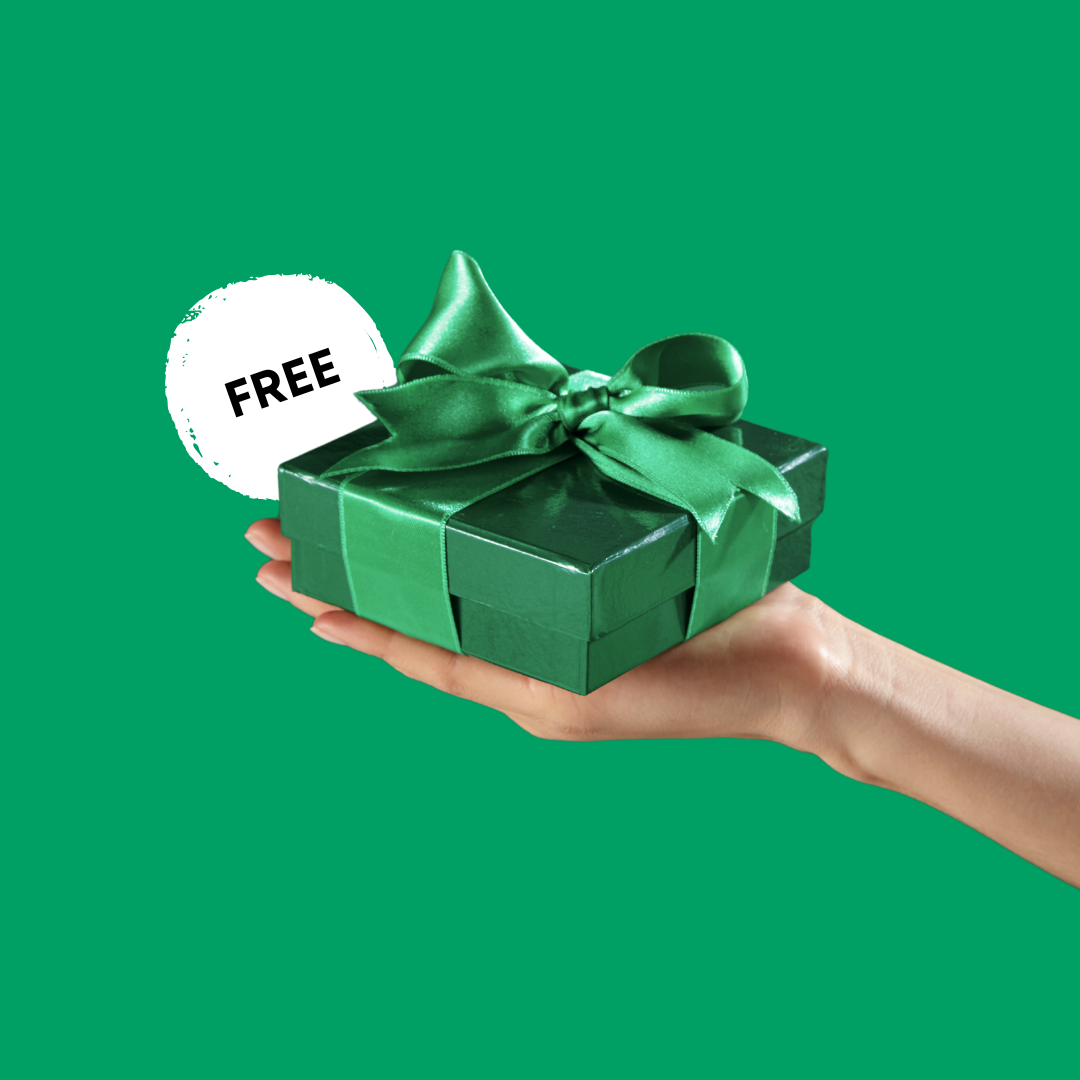 A hand holding a pink gift box with ribbon and 'FREE' text above.