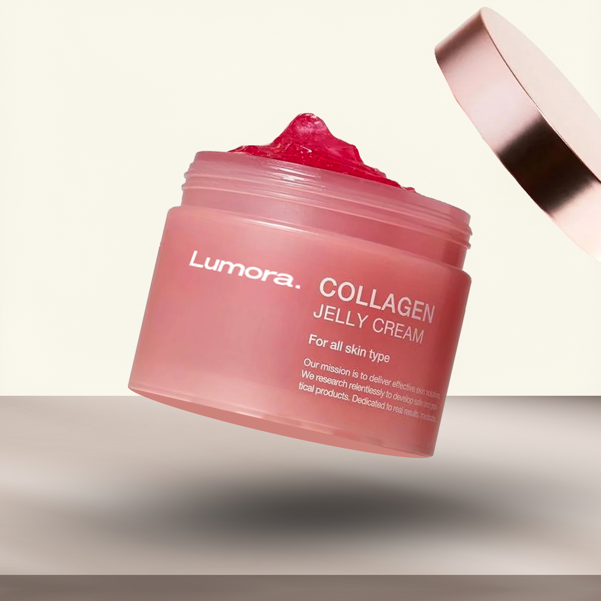 Pink jar of collagen jelly cream with lid slightly open.